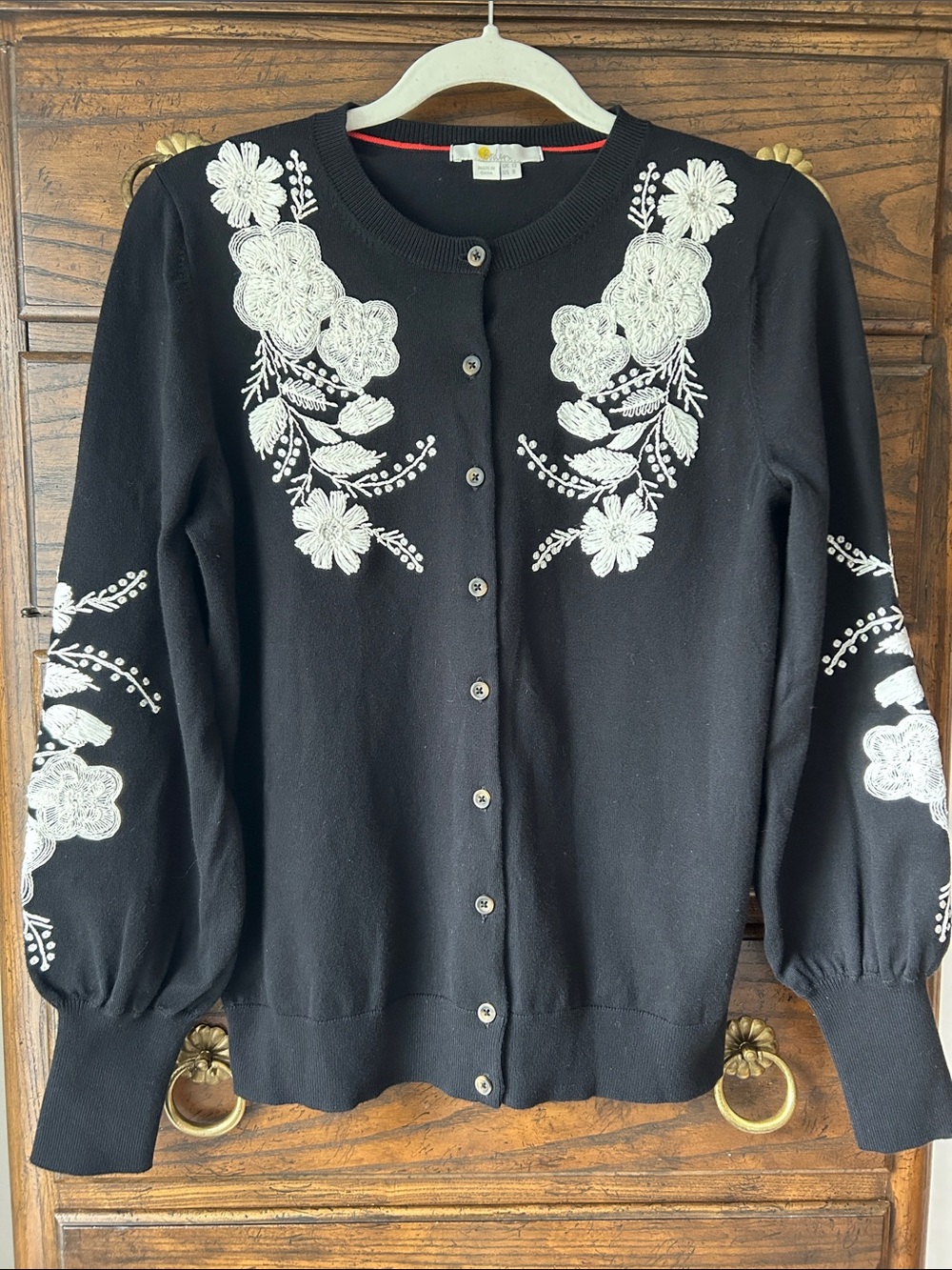 Boden Black Cotton Cardigan with White Floral Embroidery, Size 8
